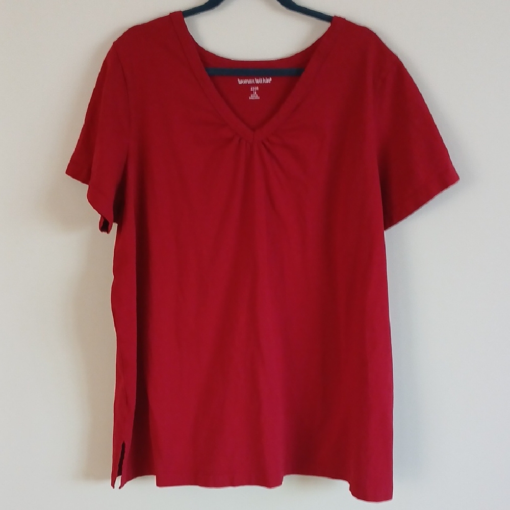 Woman Within Red V-Neck Top 1X 100% Cotton - flaw - Picture 3 of 8